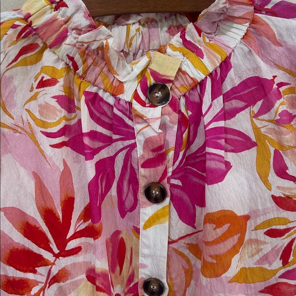 THML Floral Puff Sleeve Blouse Medium Pink Orange Tropical Ruffle Neck - Picture 9 of 16